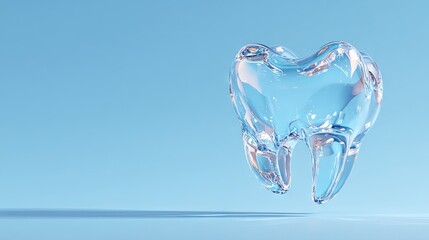 Transparent crystal-like tooth floating on minimal blue background, symbolizing purity, clarity, and futuristic innovation in modern dental healthcare design