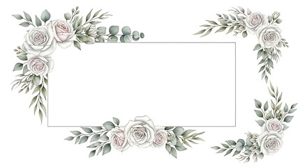 Elegant floral frame with roses and leaves, perfect for wedding invitations and greeting cards isolated on white background