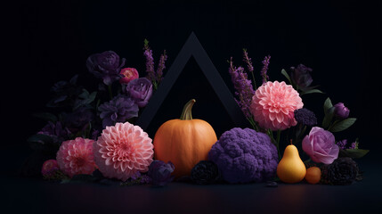 pumpkin, pear, purple cauliflower and blooming flowers in modern artistic style, elegant seasonal arrangement for autumn and thanksgiving themes, halloween