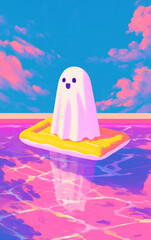 cute ghost floating in pool on inflatable ring, tropical summer halloween illustration for posters, greeting cards and playful seasonal design