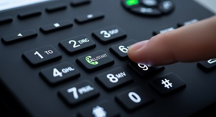 Finger pressing call button on modern telephone keypad