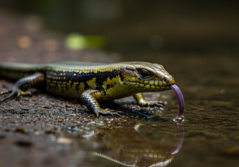 Naklejka premium Lizard Drinking Water with Reflection