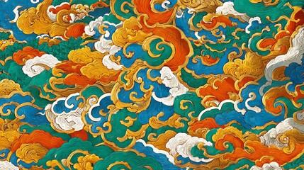Obraz premium An intricate, colorful pattern of swirling clouds and stylized waves dominates the frame, evoking a sense of dynamic energy and traditional artistry through its vibrant hues and detailed forms.