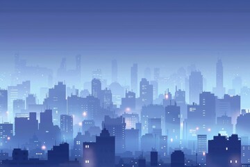 Misty urban skyline at dusk with illuminated skyscrapers