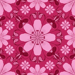 seamless floral background,pink curves and painted to create flowers shape,leaves with red background in geometric patterns to as sarong,tile,printed fabric,batik,fabric,tablecloth patterns.