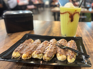 Sweet Banana Fritters with Chocolate Spread and Matcha Drink
