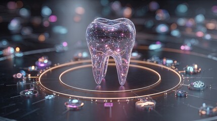 Futuristic transparent holographic tooth surrounded by glowing digital interface rings and particle effects for advanced dental healthcare and innovation concept
