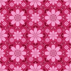 seamless pattern with flowers,pink curves and painted to create flowers shape,leaves with red background in geometric patterns to as sarong,tile,printed fabric,batik,fabric,tablecloth patterns.