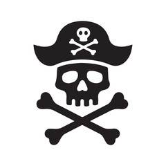  A black silhouette of a realistic pirate skull and crossbones emblem. 