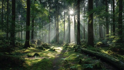 Obraz premium Sunbeams pierce a lush forest