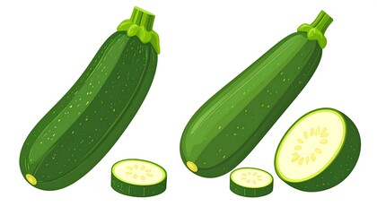 Two whole and two sliced zucchini displayed against a white background