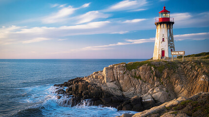 Iconic lighthouse perched atop a dramatic rocky cliff, overlooking the vast ocean with crashing waves under a beautiful, serene sky at golden hour