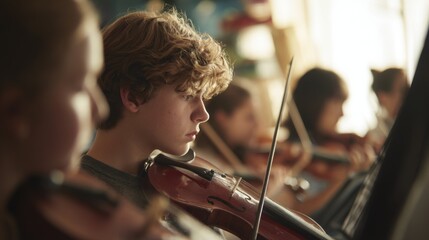 A group of young musicians playing violins in a classroom. The children are focused and engaged in their music lesson. Natural light illuminates the scene.