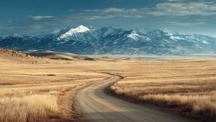 Winding dirt road through golden plains to snowy mountains