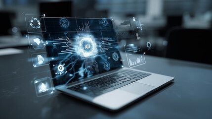 Fototapeta premium Businessman using a computer to document management concept, online documentation database and digital file storage system/software, records keeping, database technology, file access, doc sharing.