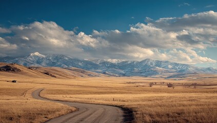 A winding country road leads into a vast, golden-brown landscape beneath a dramatic sky filled with fluffy clouds and snow-capped mountains