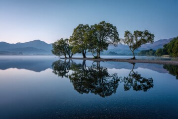 Serene lake at dawn with mirrored trees
