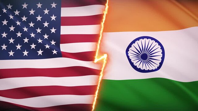 American flag and Indian flag overlapping and waving. Background for news broadcast or documentary.