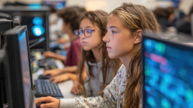 Two young girls working on computers in a classroom. One girl has long brown hair and glasses, while the other has wavy blonde hair. They focus on their screens.