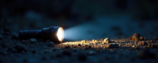 A lone flashlight beam cuts through the inky blackness of night, illuminating a small area of dust and debris  The powerful beam reveals texture and detail in the darkness , contrast, shadow, dark
