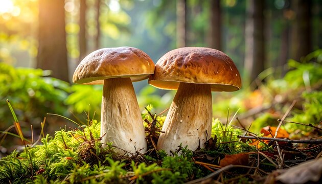 Forest Mushrooms with Autumn Sunlight.