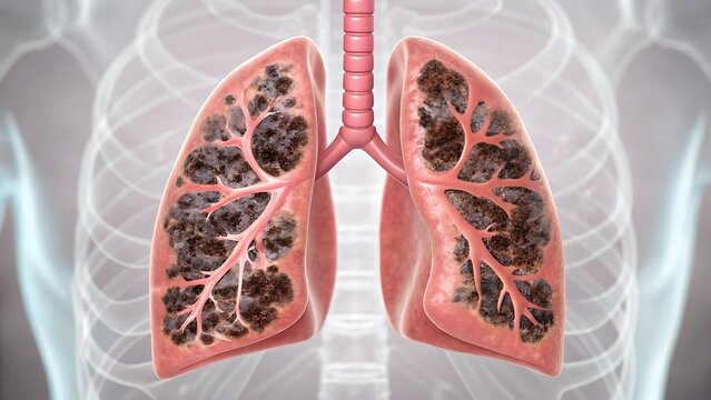 Diseased lungs with dark patches medical illustration