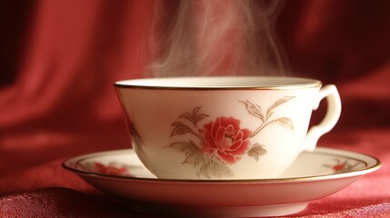 Fototapeta premium Delicate porcelain teacup with red floral motifs, steaming jasmine tea reflecting golden light against muted silk.