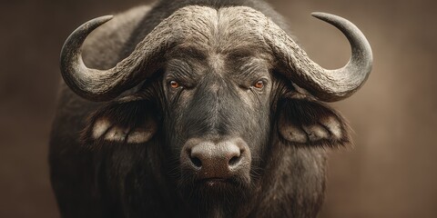 Naklejka premium Strong buffalo stands majestically against a muted background showcasing its features and bold presence in nature