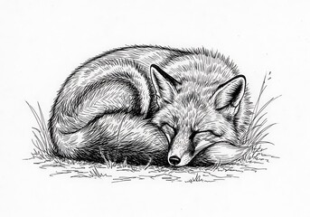 Resting fox illustration, crafted with black ink capturing peaceful animal slumber