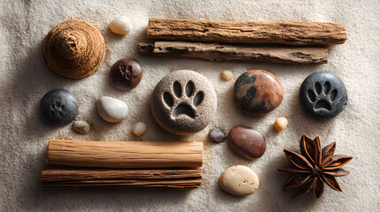 Various small stones, pebbles, and sticks arranged on a textured beige surface. Two stones feature paw prints.