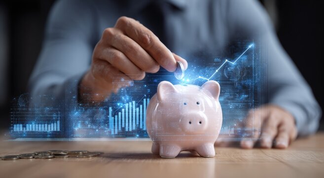 Hand inserting coin into piggy bank; digital graphs overlay