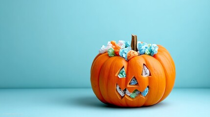 Bright orange pumpkin with playful carved face, adorned with colorful crumpled paper, set against a soft blue background, creating a festive and whimsical atmosphere for Halloween celebrations