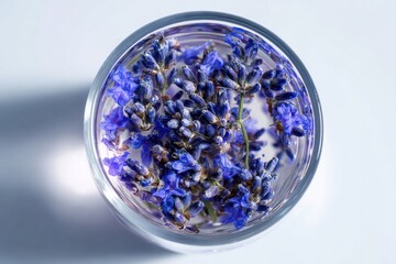 Overhead view of blueberry lavender infusion in transparent glass
