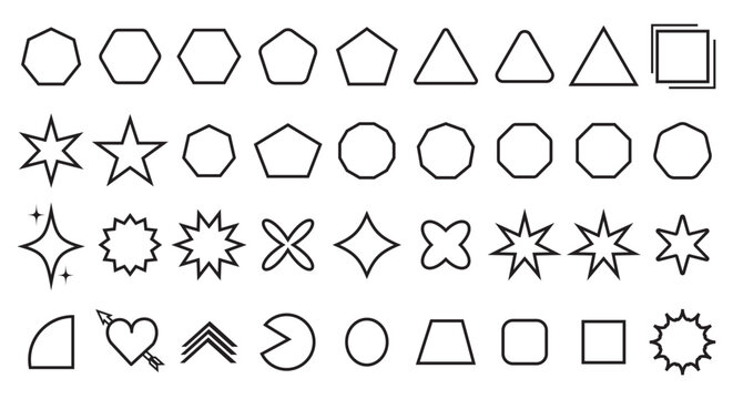 Abstract and basic shapes collection. Vector basic shape. Geometric formal shape. Polygonal elements. Modern trendy minimalist basic figures, lines, circles, hexagon, star, triangle flat style. Vector