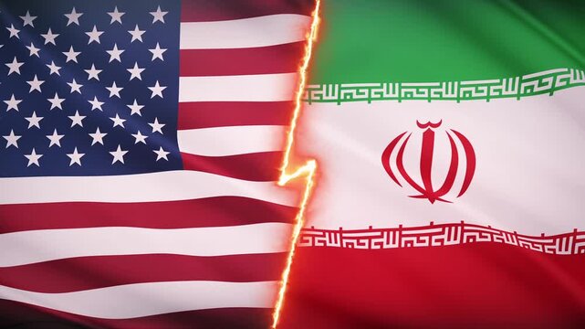 American flag and Iranian flag overlapping and waving. Background for news broadcast or documentary.