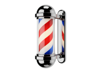 Traditional barber pole with red white and blue stripes isolated on a transparent background