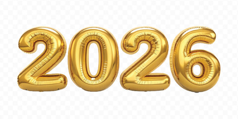 realistic 3d 2026 typography made by with foil balloons in different colour style isolated on transparent background