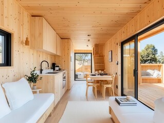 Interior of zerowaste tiny house with modular furniture, minimalist sustainability concept