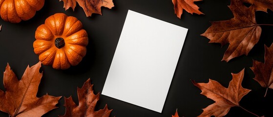 Blank white card on halloween background with pumpkin. Two empty ivory notice upon autumnal holiday backdrop having gourd invitation greeting mockup season october decoration
