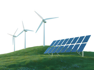 Wind turbines and solar panels on a grassy hill renewable energy isolated on a transparent background