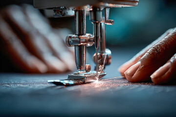 Close-up of hands sewing fabric with sewing machine, showcasing craftsmanship and precision work