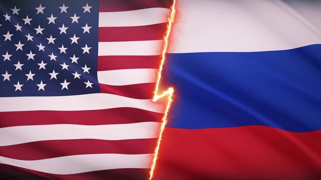 American flag and Russian flag overlapping and waving. Background for news broadcast or documentary