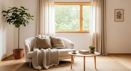 Serene living room sanctuary with lush plant, cozy sofa, and inviting window view, perfect for relaxation and modern home decor inspiration.