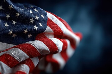 American flag waving gently with water droplets in a dark background creating a patriotic atmosphere