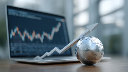 Laptop with financial chart and upward trend arrow pointing to globe