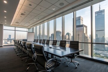 Modern high rise conference room with panoramic city views and sleek furniture