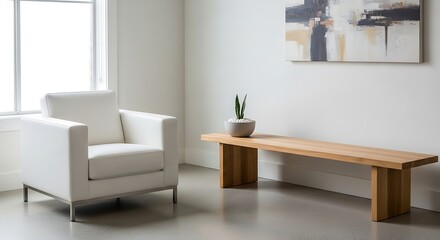 Stylish modern living room featuring minimalist white armchair, natural wood bench, and abstract art.