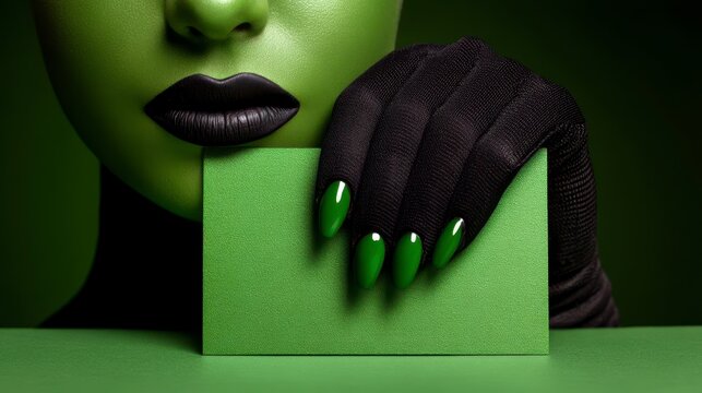 Green monster hand with black nails pointing on blank. Two verdant creature claw having dark fingertip directing toward empty space. halloween concept spooky theme digital art scary