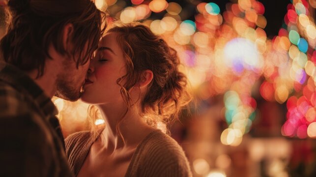 A young Caucasian couple shares a romantic kiss in front of colorful bokeh lights. The scene captures a warm, intimate moment during a festive occasion. - Powered by Adobe