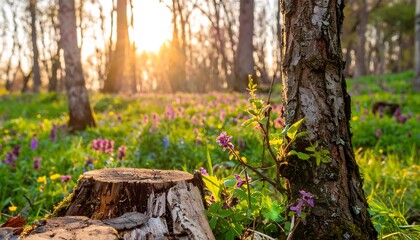 Obraz premium A sun-drenched forest floor, alive with wildflowers and sunlight filtering through trees.